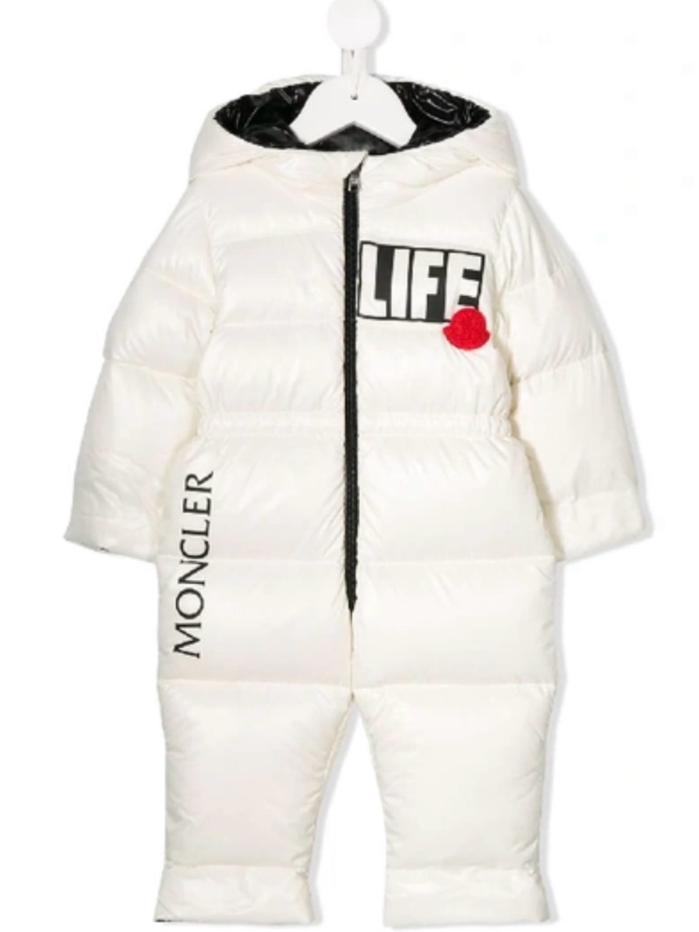 Moncler Cream Down Baby One-Piece Snowsuit with Hood and LIFE Graphic